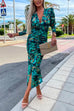 Mixiedress Deep V Neck Long Sleeve Ruched Slit Printed Bodycon Dress