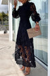 Mixiedress Mockneck Puff Sleeves Lace Hollow Out Mid Dress