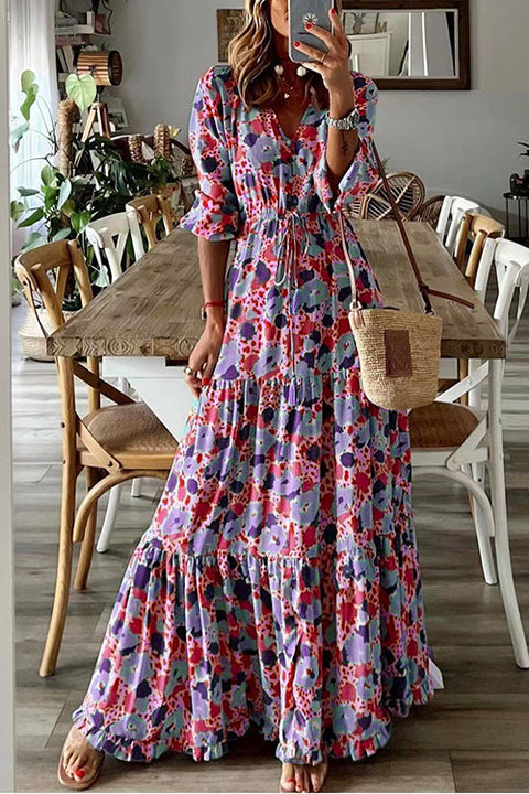 Mixiedress V Neck Drawstring Waist Ruffle Tiered Printed Maxi Holiday Dress