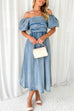 Mixiedress Puff Sleeves Smocked Empire Waist Denim Swing Dress