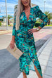 Mixiedress Deep V Neck Long Sleeve Ruched Slit Printed Bodycon Dress