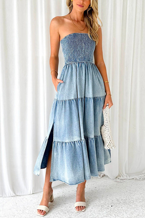 Mixiedress Strapless Tube Side Slit Ruffle Tiered Denim Dress