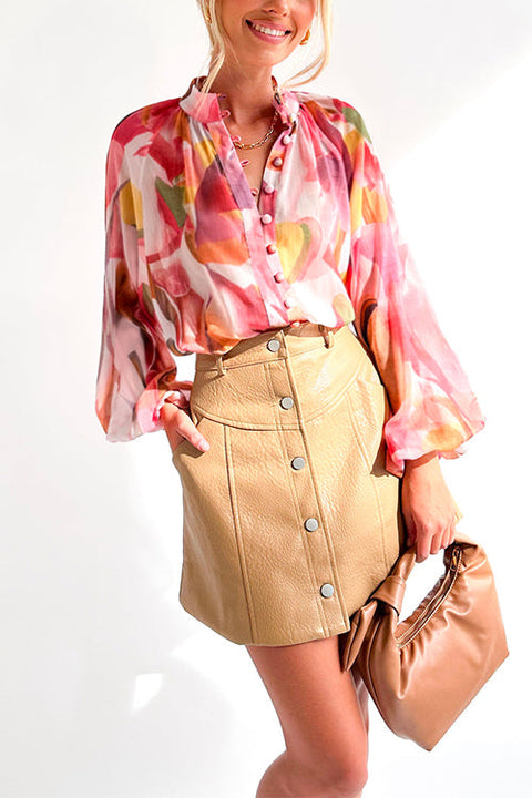 Mixiedress Stand Collar Balloon Sleeves Button Down Flowy Printed Shirt