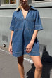 Mixiedress V Neck Pocketed Tara Denim Mini Dress