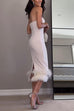 Strapless Off Shoulder Feather Hem Midi Holiday Party Dress