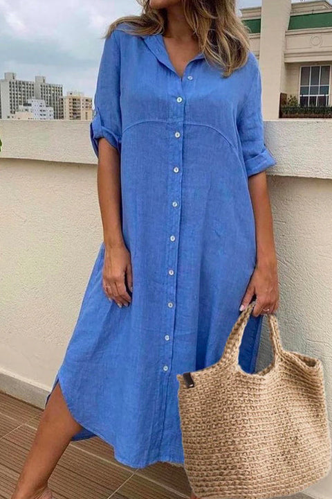 Mixiedress Rolled Up Sleeve Button Down Cotton Linen Midi Shirt Dress