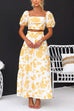 Square Collar Puff Sleeves Crop Top Ruffle Swing Maxi Skirt Floral Print Set