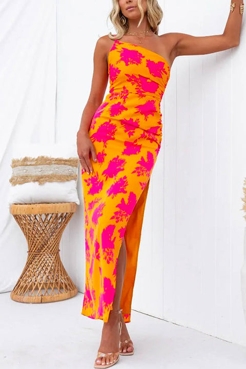 Mixiedress One Shoulder Side Split Printed Cami Maxi Dress