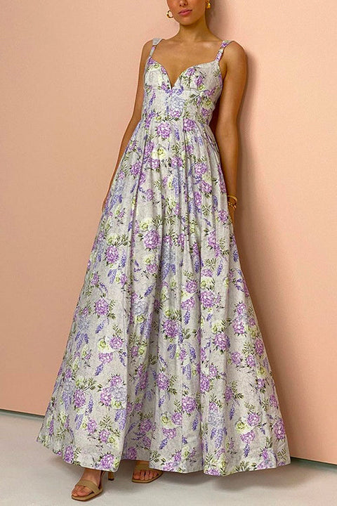 Spaghetti Strap Empire Waist Wisteria Print Swing Maxi Dress