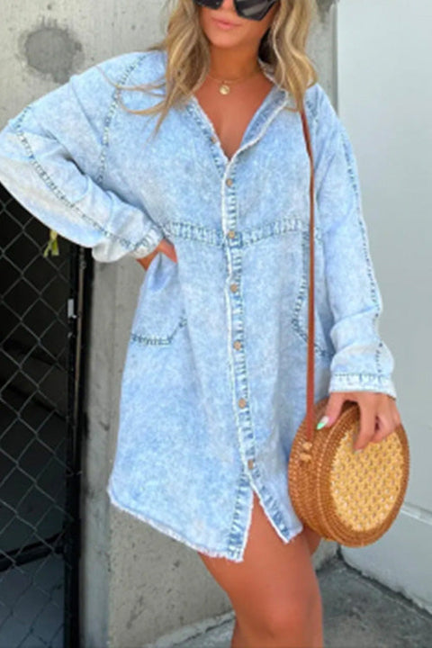 Mixiedress V Neck Button Down Pocketed Denim Mini Shirt Dress