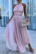 Mixiedress Halter Backless Waisted Tulle Maxi Dress