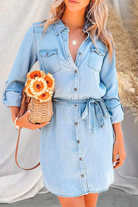 Mixiedress Rolled Up Long Sleeves Tie Waist Denim Shirt Dress