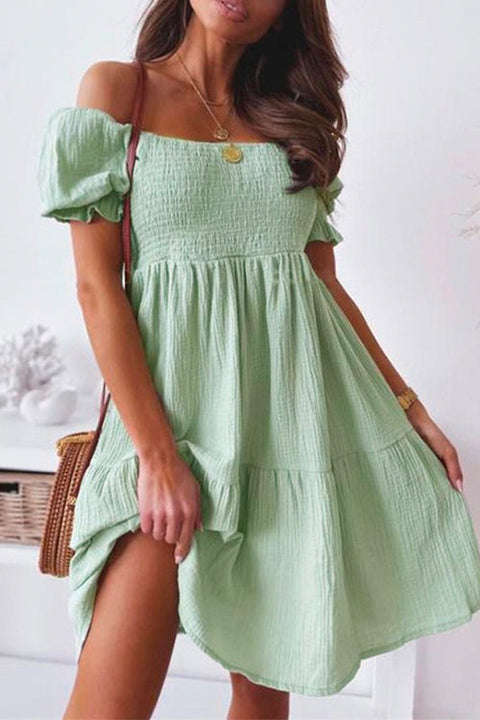 Mixiedress Off Shoulder Short Sleeve Smocked Ruffle Swing Dress