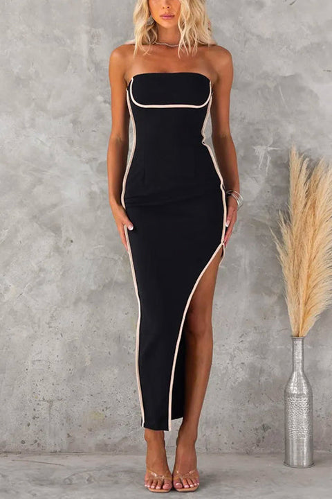 Off Shoulder Strapless Asymmetric Hem Stretch Bodycon Maxi Dress