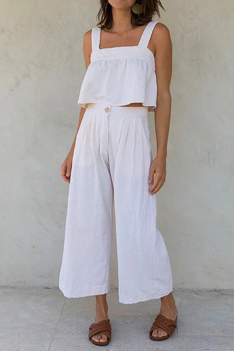 Mixiedress Square Collar Crop Tank Top Wide Leg Pants Cotton Linen Set