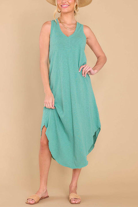 Mixiedress V Neck Curve Hem Casual Comfy Tank Dress