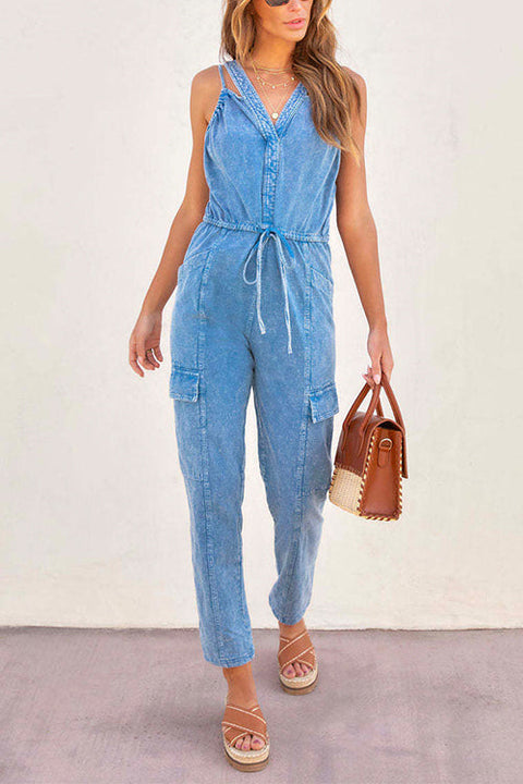 Mixiedress V Neck Drawstring Waist Sleeveless Denim Overall Jumpsuit