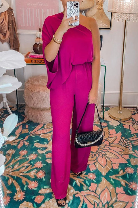 Mixiedress One Shoulder Batwing Sleeve Wide Leg Jumpsuit