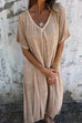 Mixiedress V Neck Loose Fit Cotton Linen Midi Dress